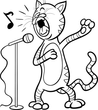 Black and White Cartoon Illustration of Funny Singing Cat Character for Coloring Bookのイラスト素材