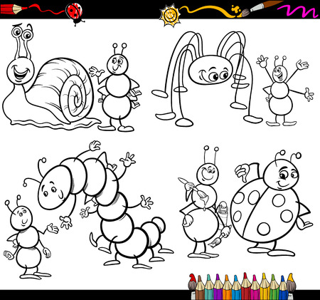 Coloring Book or Page Cartoon Illustration Set of Black and White Insects and Bugs or Fantasy Characters for Childrenのイラスト素材