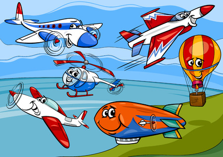 Cartoon Illustration of Funny Planes and Aircraft Characters Groupのイラスト素材