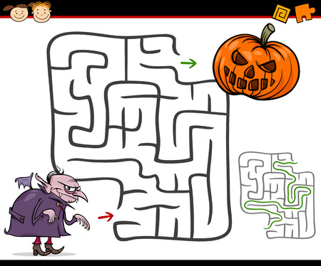 Cartoon Illustration of Education Maze or Labyrinth Game for Preschool Children with Halloween Themesのイラスト素材