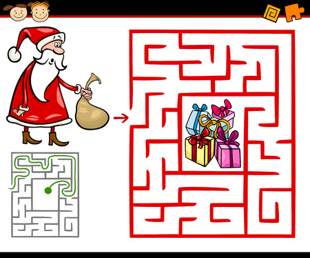 Cartoon Illustration of Education Maze or Labyrinth Game for Preschool Children with Christmas Themesのイラスト素材
