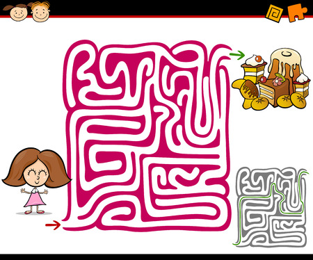 Cartoon Illustration of Education Maze or Labyrinth Game for Preschool Children with Little Girl and Sweetsのイラスト素材