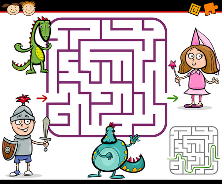Cartoon Illustration of Education Maze or Labyrinth Game for Preschool Children with Little Boy Knight and Girl Princessのイラスト素材