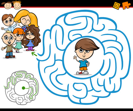 Cartoon Illustration of Education Maze or Labyrinth Game for Preschool Children with Little Boy and Kids Groupのイラスト素材