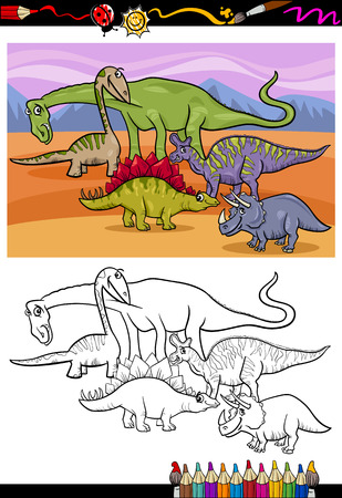 Coloring Book or Page Cartoon Illustration of Color and Black and White Dinosaurs Group for Childrenのイラスト素材