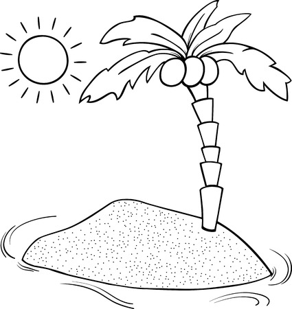 Black and White Cartoon Illustration of Desert Island with Coconut Palm for Coloring Bookのイラスト素材