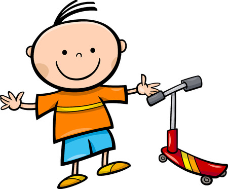 Cartoon Illustration of Cute Little Boy with Scooterのイラスト素材