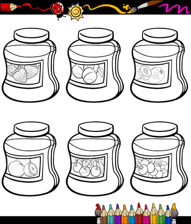 Coloring Book or Page Cartoon Illustration of Color and Black and White Fruit Jams in Jars Set for Childrenのイラスト素材