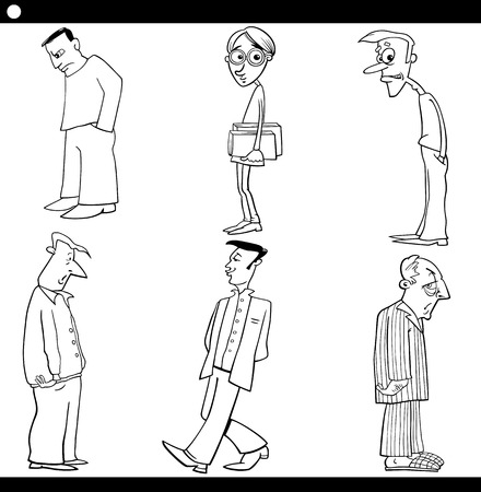 Black and White Cartoon Illustration Set of Comic Men Characters for Coloring Bookのイラスト素材