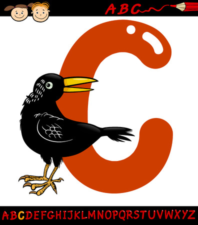 Cartoon Illustration of Capital Letter C from Alphabet with Crow Bird Animal for Children Educationのイラスト素材