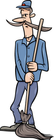 Cartoon illustration of Funny Janitor Man with Broom or Caretakerのイラスト素材