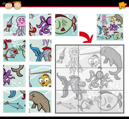 Cartoon Illustration of Education Jigsaw Puzzle Game for Preschool Children with Sea Life Animals or Fish Groupのイラスト素材