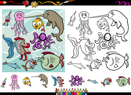 Cartoon Illustrations of Funny Sea Life Animals Characters Group for Coloring Book with Elements Setのイラスト素材