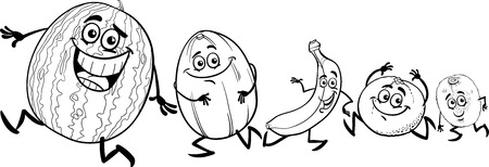 Black and White Cartoon Illustration of Funny Running Fruits Food Characters for Coloring Bookのイラスト素材