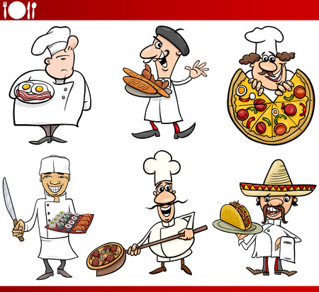 Cartoon Illustration of Funny International Cuisine Chefs with Food Dishesのイラスト素材