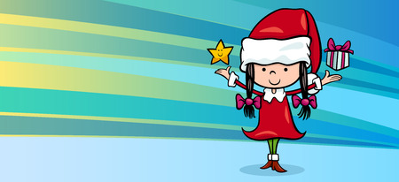 Greeting Card Cartoon Illustration of Cute Girl in Santa Claus Costume with Present on Christmasのイラスト素材