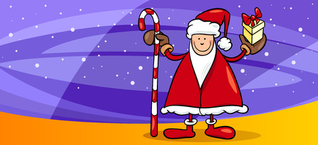 Greeting Card Cartoon Illustration of Santa Claus with Present and Caneのイラスト素材