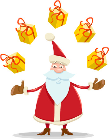 Cartoon Illustration of Funny Santa Claus Juggling Christmas Presentsのイラスト素材