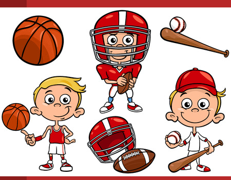 Cartoon Illustration of Funny Boy with American Football and Basketball and Baseball Sport Equipmentのイラスト素材