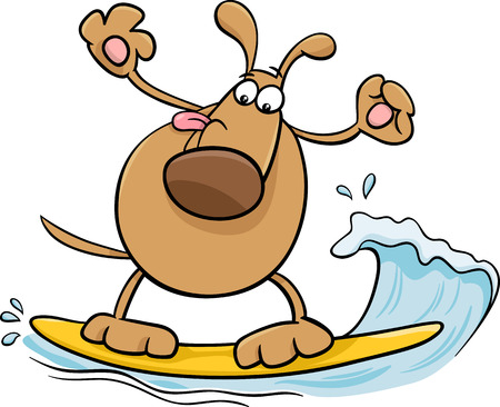 Cartoon Illustration of Funny Dog Character Surfing on Boardのイラスト素材