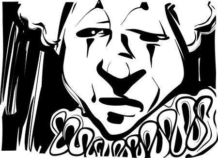 Black and White Sketch Drawing Illustration of Sad Clown Faceのイラスト素材