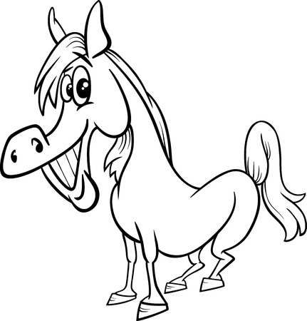 Black and White Cartoon Illustration of Funny Horse Farm Animal for Coloring Bookのイラスト素材