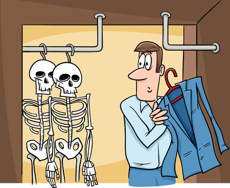 Cartoon Humor Concept Illustration of Skeletons in the Closet Saying or Proverbのイラスト素材