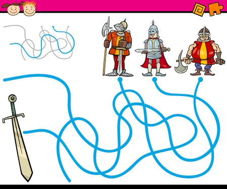 Cartoon Illustration of Education Path or Maze Game for Preschool Children with Knights and Swordのイラスト素材