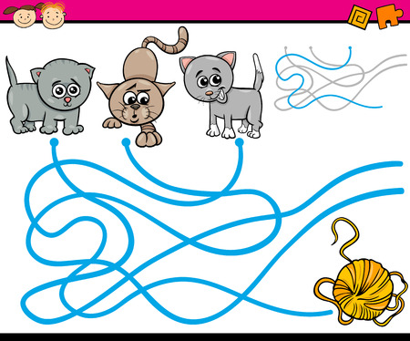 Cartoon Illustration of Education Path or Maze Game for Preschool Children with Cats and Yarnのイラスト素材