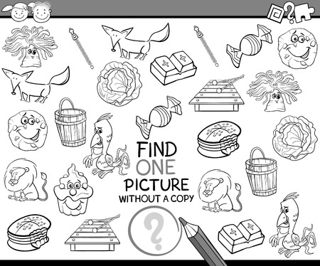Black and White Cartoon Illustration of Finding Single Picture without Copy Educational Game for Preschool Childrenのイラスト素材
