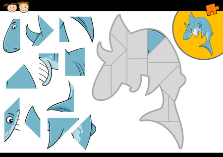 Cartoon Illustration of Education Jigsaw Puzzle Game for Preschool Children with Funny Shark Fish Animal Characterのイラスト素材