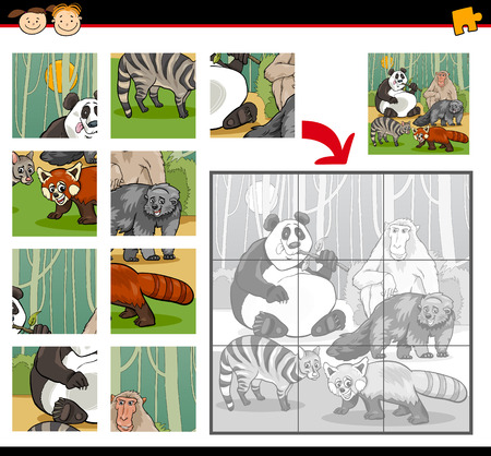 Cartoon Illustration of Education Jigsaw Puzzle Game for Preschool Children with Wild Animals Characters Groupのイラスト素材