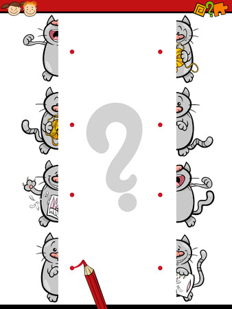 Cartoon Illustration of Education Join Halves Game for Preschool Children with Cat Charactersのイラスト素材