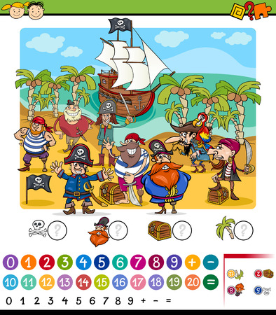 Cartoon Illustration of Education Mathematical Game for Preschool Children with Pirates Charactersのイラスト素材