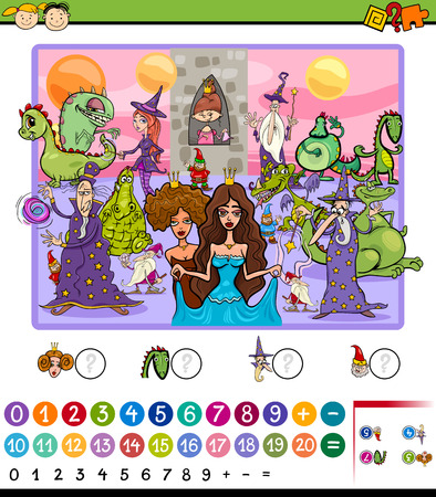 Cartoon Illustration of Education Mathematical Game for Preschool Children with Fantasy Charactersのイラスト素材