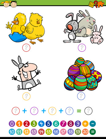 Cartoon Illustration of Education Mathematical Addition Game for Preschool Children with Easter Charactersのイラスト素材