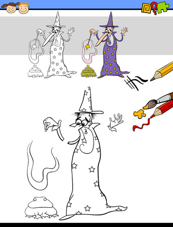 Cartoon Illustration of Drawing and Coloring Educational Task for Preschool Children with Wizard Fantasy Characterのイラスト素材