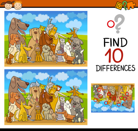 Cartoon Illustration of Differences Educational Task for Preschoolers with Dogs and Cats Animal Charactersのイラスト素材
