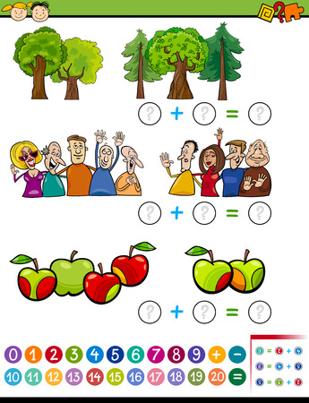 Cartoon Illustration of Educational Mathematical Addition Task for Preschoolers with Characters and Objectsのイラスト素材