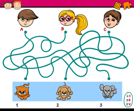 Cartoon Illustration of Education Kindergarten Paths or Maze Puzzle Task for Preschoolers with Children and Petsのイラスト素材