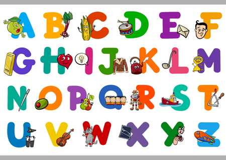 Cartoon Illustration of Capital Letters Alphabet Set with Objects for Reading and Writing Education for Preschoolersのイラスト素材