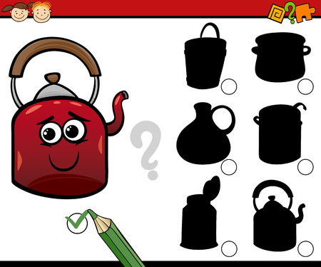 Cartoon Illustration of Educational Shadow Task for Preschool Children with Kitchen Potsのイラスト素材