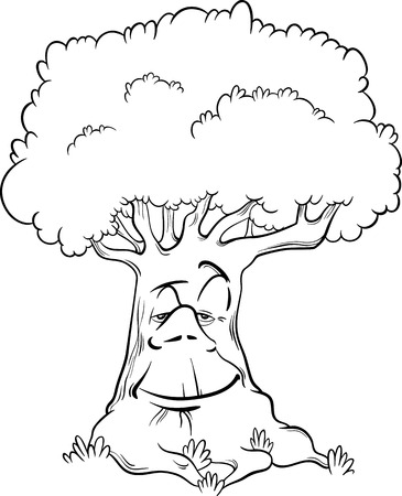 Black and White Cartoon Illustration of Tree Fantasy or Fairy Tale Character for Coloring Bookのイラスト素材