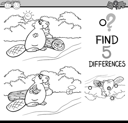 Black and White Cartoon Illustration of Finding Differences Educational Task for Preschool Children with Animal Character for Coloring Bookのイラスト素材
