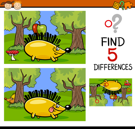 Cartoon Illustration of Finding Differences Educational Task for Preschool Children with Hedgehog Animal Characterのイラスト素材