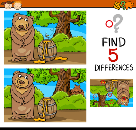Cartoon Illustration of Finding Differences Educational Task for Preschool Children with Bear and Honeyのイラスト素材
