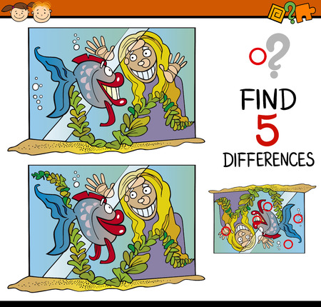Cartoon Illustration of Finding Differences Educational Task for Preschool Children with Girl and her Fish in Tankのイラスト素材