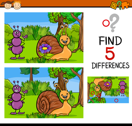 Cartoon Illustration of Finding Differences Educational Task for Preschool Children with Ant and Snail Charactersのイラスト素材