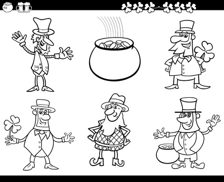Black and White Cartoon Illustration of Leprechaun Characters and Saint Patrick Day Themes Set Coloring Bookのイラスト素材