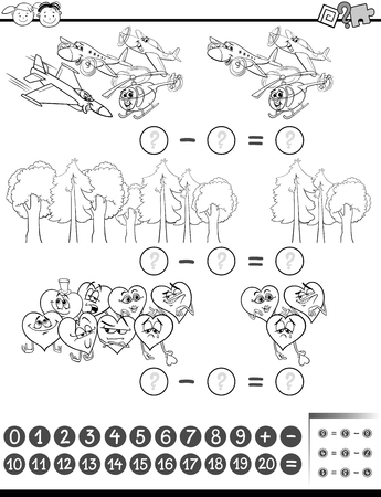 Black and White Cartoon Illustration of Education Mathematical Subtraction Task for Children Coloring Bookのイラスト素材